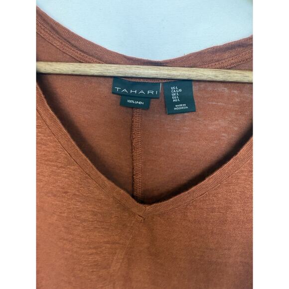 Tahari Womens 100% Linen Asymmetrical Top Size L Comfort Casual Rust Orange - Picture 2 of 11
